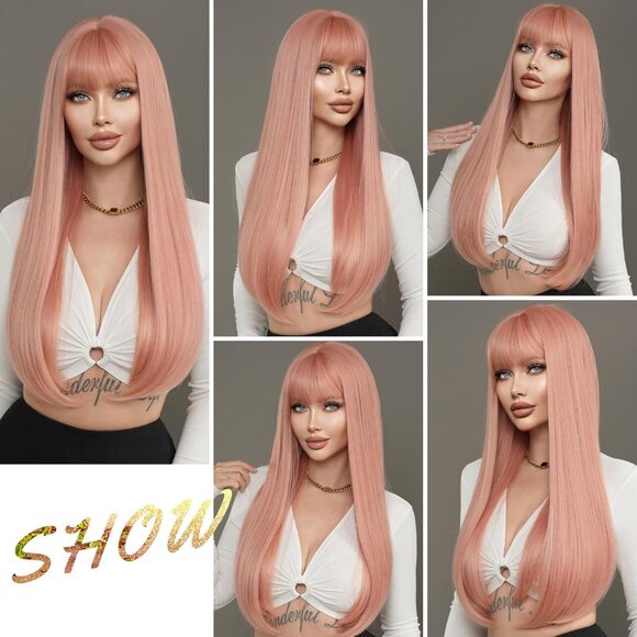 Long Straight Light Pink Wig with Bangs 28in Wig with Pale Orange Synthetic Wigs - Picture 4 of 5